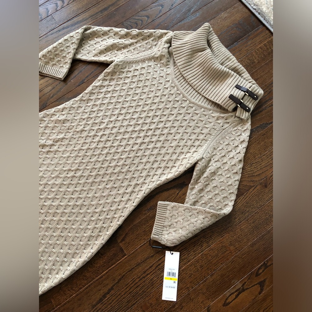 *NWT* Calvin Klein Women’s M Dark Tan Knit 3/4 Sleeves Cowl Neck Sweater Dress - Picture 2 of 14